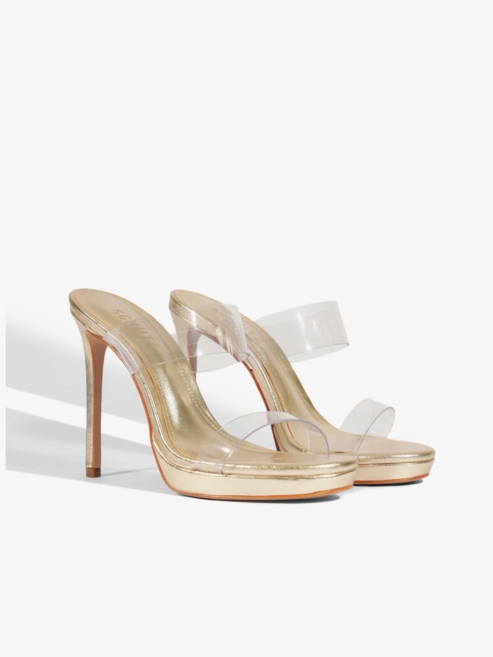 SCHUTZ Gold Platform Mule Heels with Clear Straps ARIELLA strappy sandal